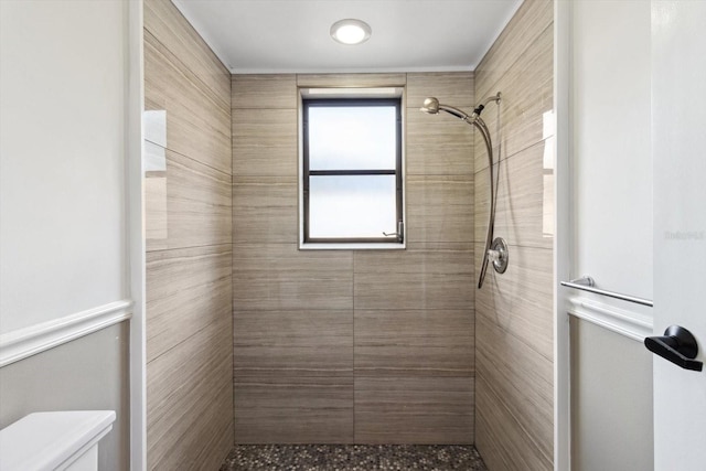 bathroom with tiled shower and toilet