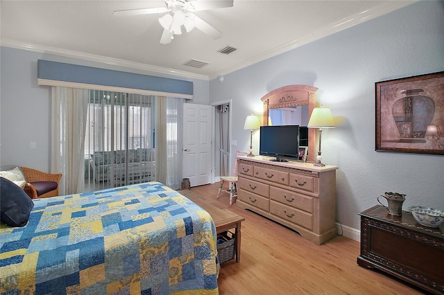 bedroom featuring access to exterior, crown molding, ceiling fan, and light wood-type flooring