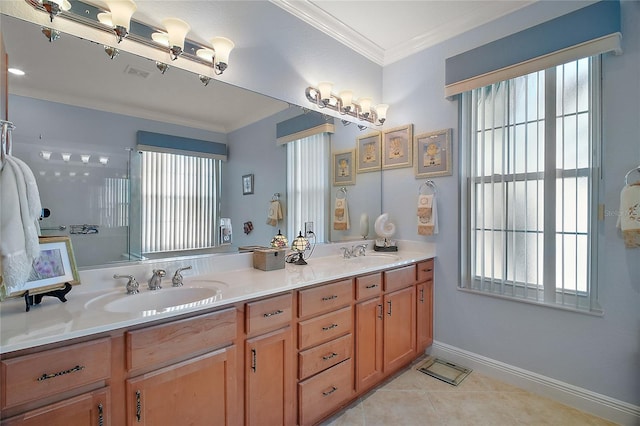 bathroom featuring ornamental molding, tile patterned flooring, and vanity