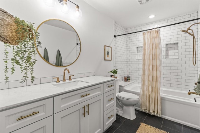 full bathroom with shower / tub combo with curtain, tile patterned floors, toilet, and vanity