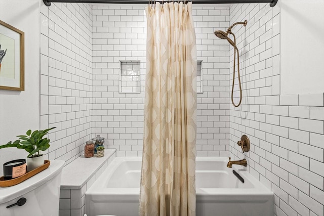 bathroom with shower / bathtub combination with curtain and toilet