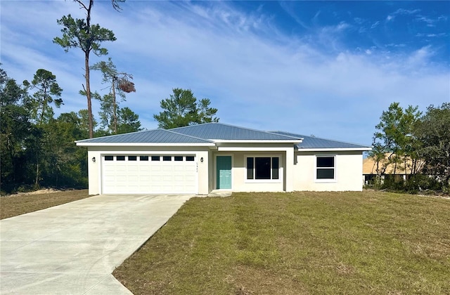 single story home featuring a garage and a front lawn