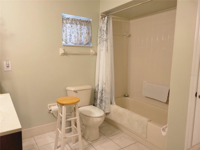 full bathroom with shower / bath combo with shower curtain, toilet, tile patterned flooring, and vanity