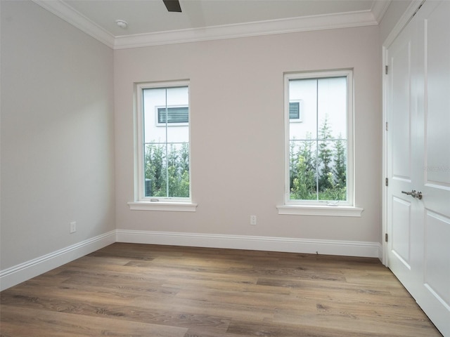 unfurnished room with light hardwood / wood-style flooring, ornamental molding, and ceiling fan