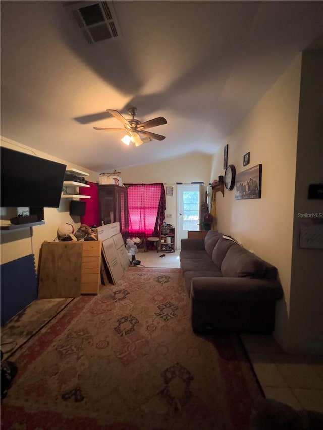 living room with lofted ceiling and ceiling fan