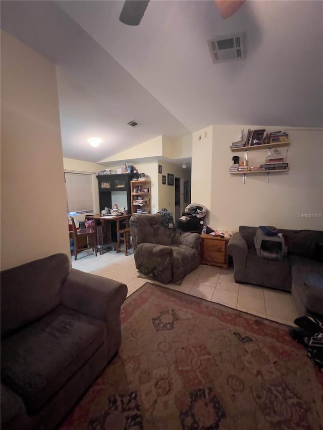 tiled living room with vaulted ceiling and ceiling fan