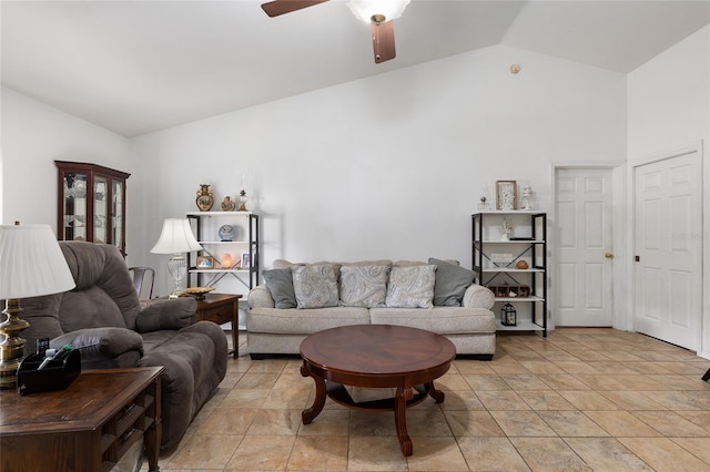 living room featuring vaulted ceiling and ceiling fan