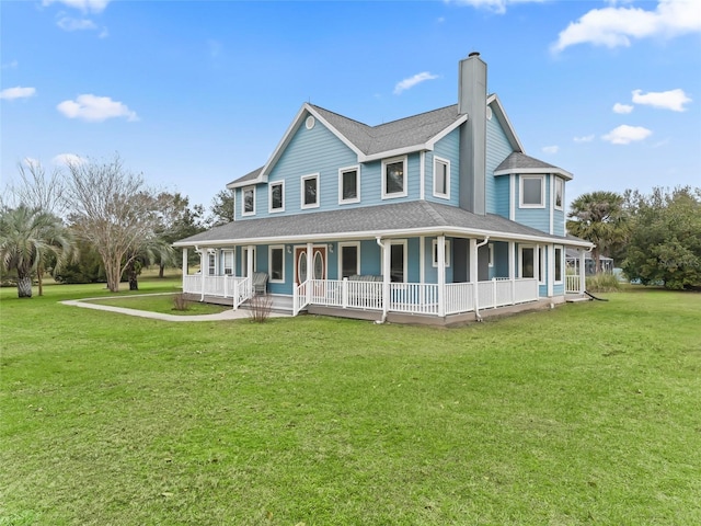 farmhouse-style home featuring a porch and a front yard