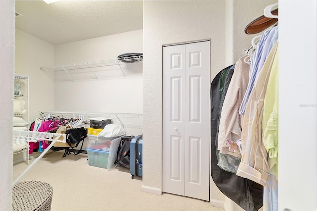 spacious closet featuring light colored carpet