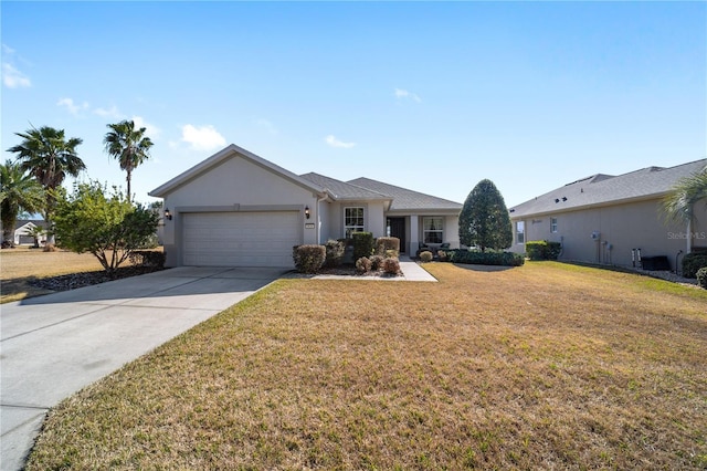 single story home with a garage and a front yard