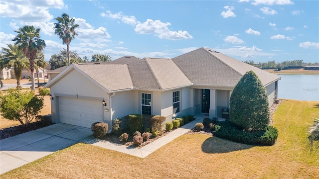 view of front of house with a garage, a water view, and a front yard