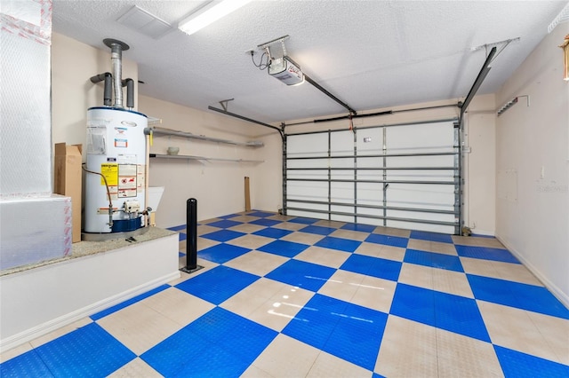 garage featuring a garage door opener and water heater