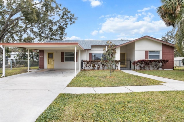 single story home with a carport and a front lawn