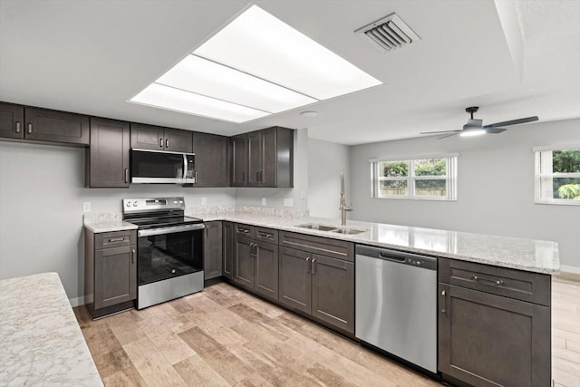 kitchen featuring sink, kitchen peninsula, a healthy amount of sunlight, and appliances with stainless steel finishes