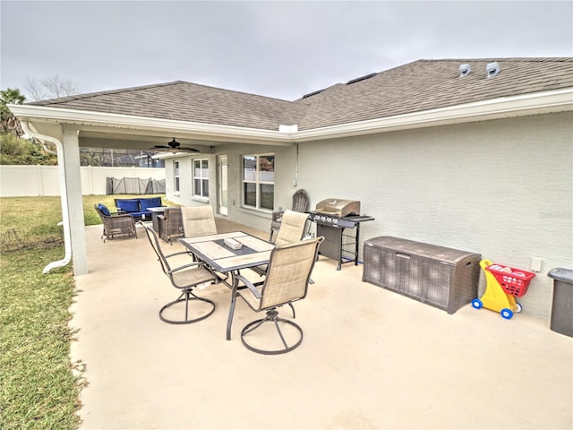 view of patio featuring area for grilling, outdoor lounge area, and ceiling fan