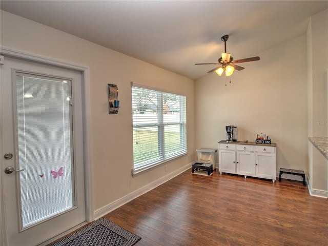 misc room featuring lofted ceiling, dark wood-type flooring, and ceiling fan