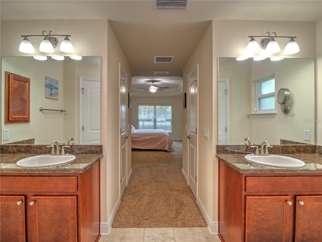 bathroom with vanity, tile patterned floors, and ceiling fan