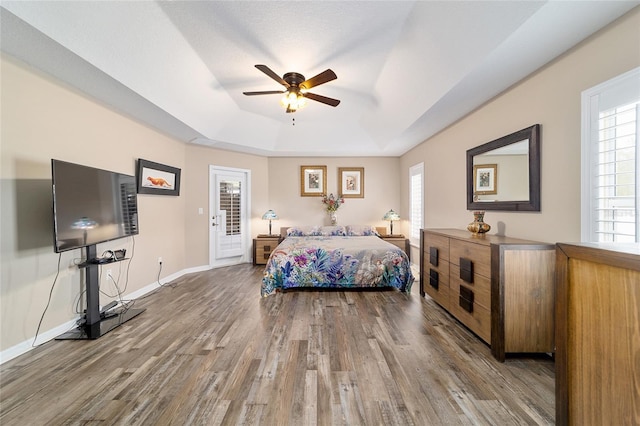 bedroom with hardwood / wood-style flooring, ceiling fan, multiple windows, a tray ceiling, and access to outside