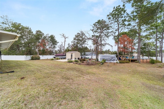 view of yard featuring a storage shed