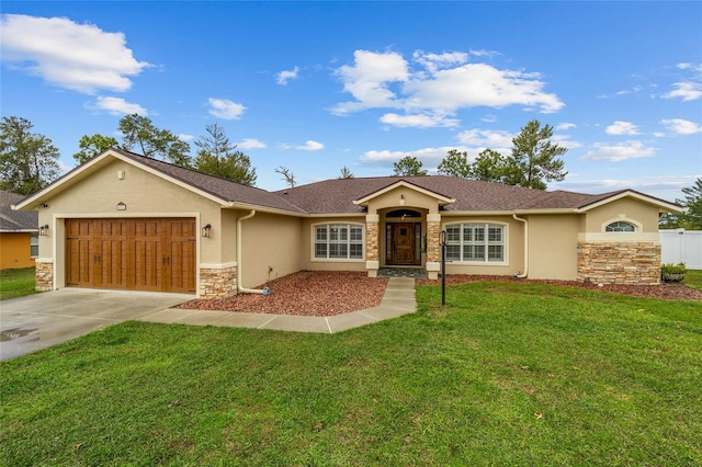 single story home featuring stucco siding, a garage, stone siding, driveway, and a front lawn