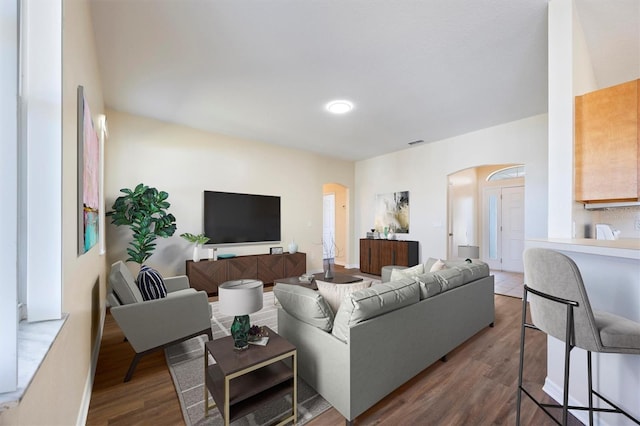 living room with dark hardwood / wood-style flooring