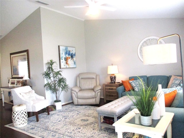 living room featuring visible vents and a ceiling fan