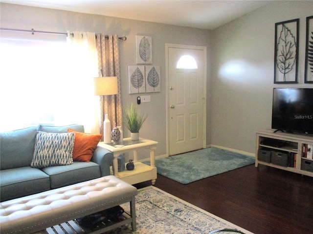 living area featuring baseboards and wood finished floors