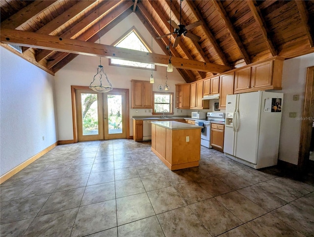 kitchen featuring hanging light fixtures, white appliances, wooden ceiling, and a kitchen island