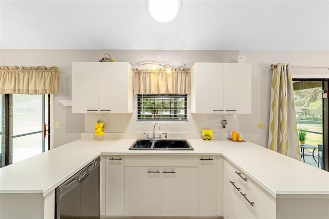 kitchen featuring sink, white cabinetry, dishwasher, kitchen peninsula, and a wealth of natural light