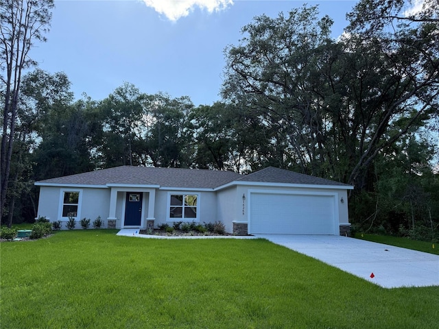 14268 SE 27th Ct, Summerfield, FL 34491 - single story home with stucco siding, an attached garage, a front yard, driveway, and stone siding