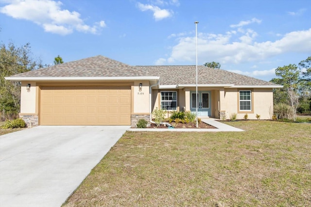 ranch-style house with a garage and a front lawn