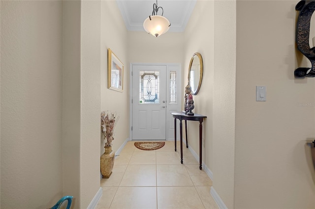 doorway to outside featuring light tile patterned floors and crown molding