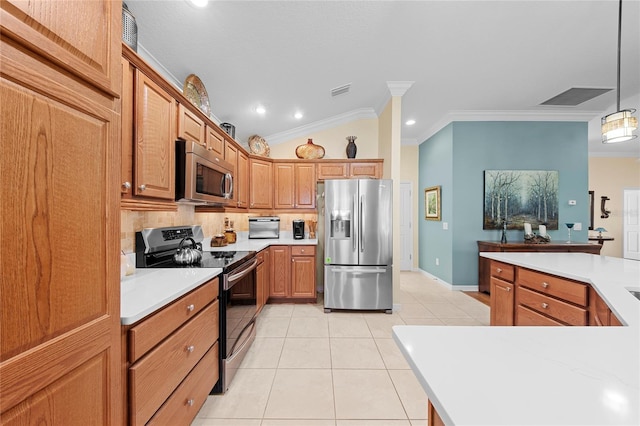 kitchen with pendant lighting, light tile patterned floors, appliances with stainless steel finishes, backsplash, and ornamental molding