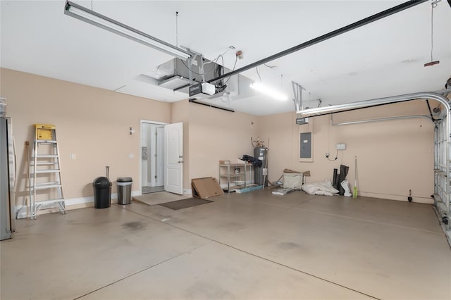 garage with a garage door opener, stainless steel fridge, and electric panel