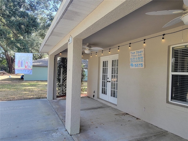 view of patio featuring french doors and ceiling fan