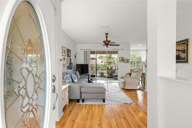 living room featuring ceiling fan and light hardwood / wood-style floors