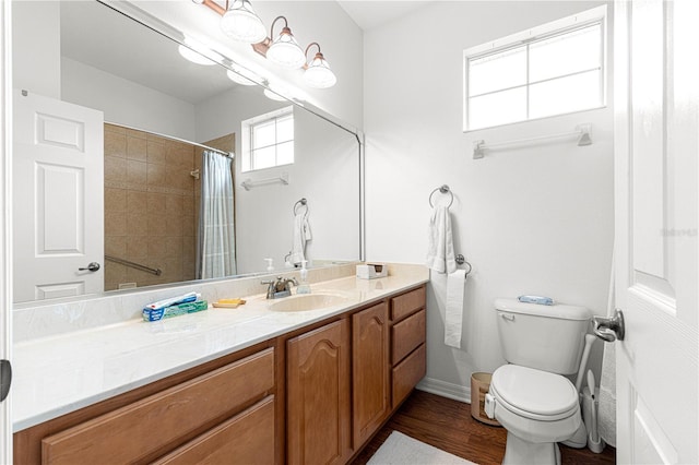 bathroom with vanity, hardwood / wood-style flooring, toilet, and a shower with shower curtain