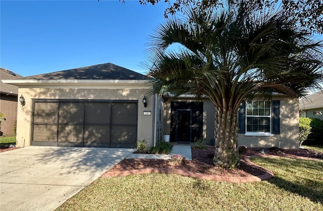 ranch-style home featuring driveway, an attached garage, a shingled roof, and stucco siding