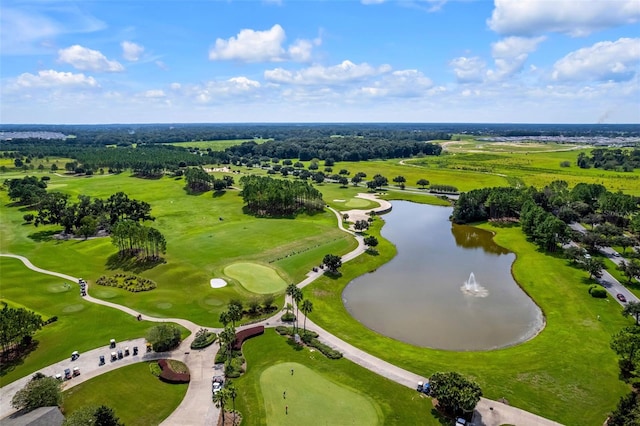 bird's eye view with a water view and view of golf course