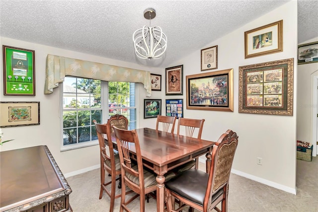 dining room with light colored carpet, vaulted ceiling, a textured ceiling, and a notable chandelier