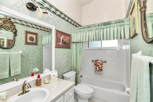 3923 Manor Oaks Ct, Leesburg, FL 34748 - bathroom with wallpapered walls, vanity, and shower / bath combination