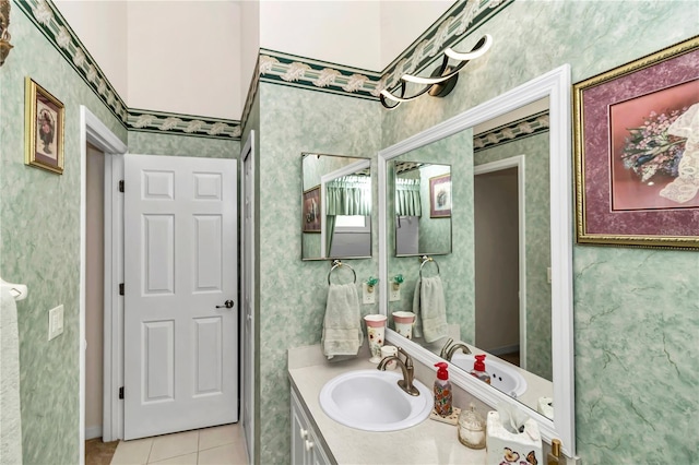 3923 Manor Oaks Ct, Leesburg, FL 34748 - bathroom with tile patterned flooring, wallpapered walls, and vanity