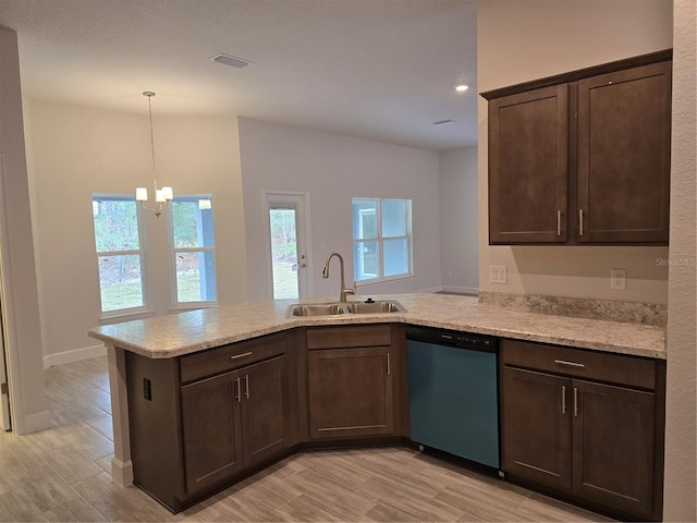 kitchen with dark brown cabinetry, sink, light wood-type flooring, stainless steel dishwasher, and kitchen peninsula