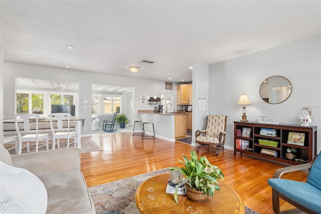 living room with sink and light hardwood / wood-style flooring