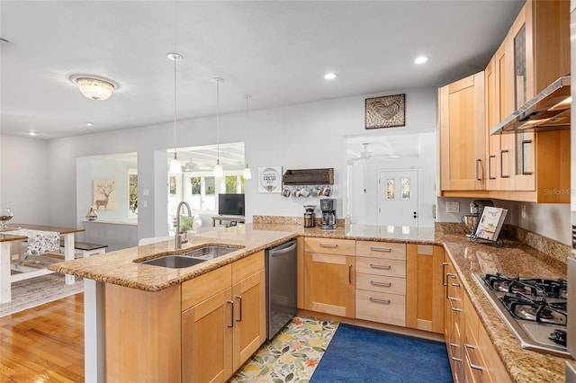 kitchen with appliances with stainless steel finishes, sink, light brown cabinets, and kitchen peninsula