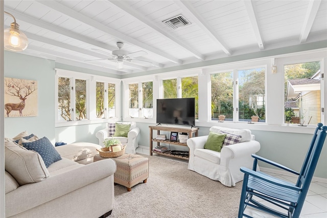 sunroom with ceiling fan and beamed ceiling