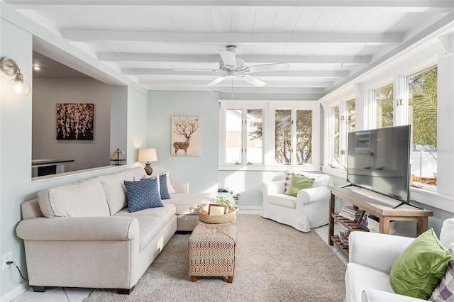 sunroom / solarium featuring ceiling fan and beam ceiling