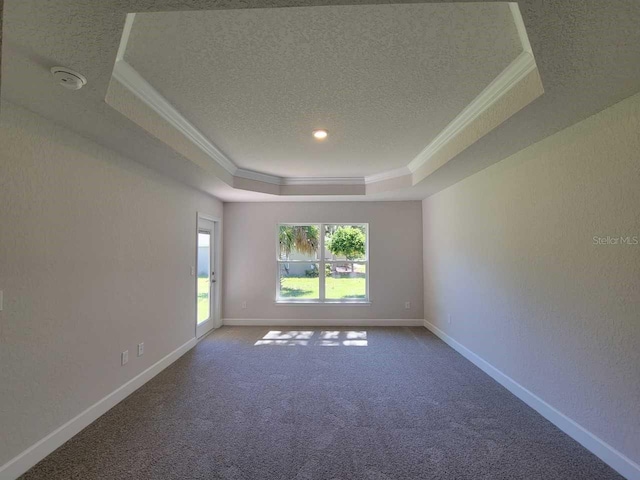 unfurnished room with crown molding, carpet, a textured ceiling, and a tray ceiling