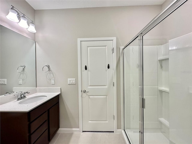 bathroom featuring tile patterned flooring, vanity, and walk in shower