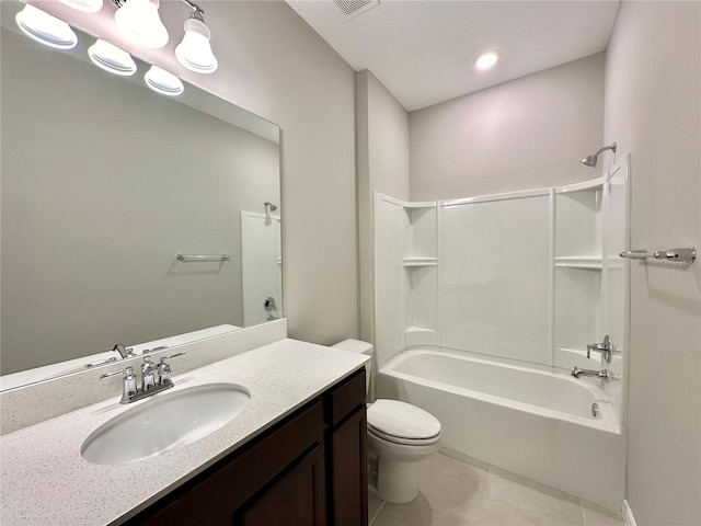 full bathroom with vanity, shower / tub combination, tile patterned floors, and toilet